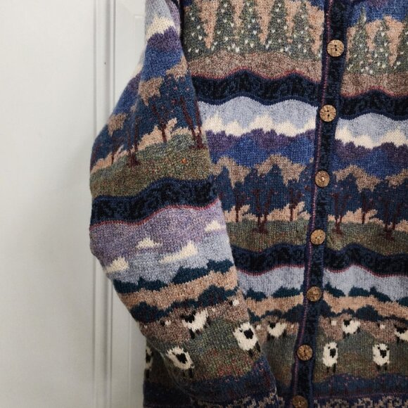 Icelandic Design Cardigan Sweater - Field with Trees & Sheep / Lambs - Small - Picture 8 of 11